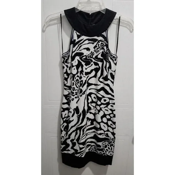 Cache | Dresses | Cache Y2k Mini Halter Dress Sleeveless Sequin Whiteblack Animal  Print Size 2 | Poshmark